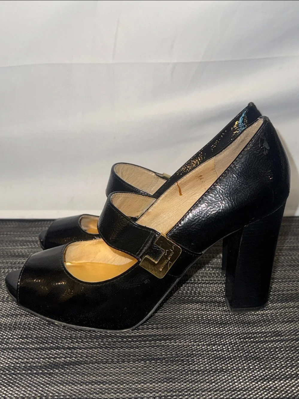 Michael Kors Chandler Mary Jane Peep Toe Heels Black Patent Leather